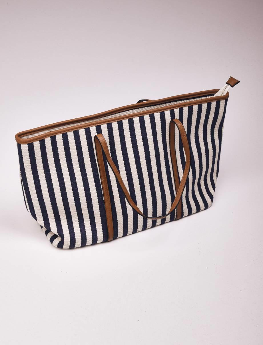 Bayan Denizci Mavisi Çizgili Büyük Plaj Çantası