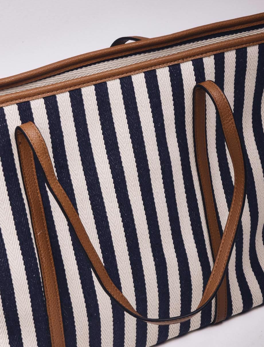 Bayan Denizci Mavisi Çizgili Büyük Plaj Çantası