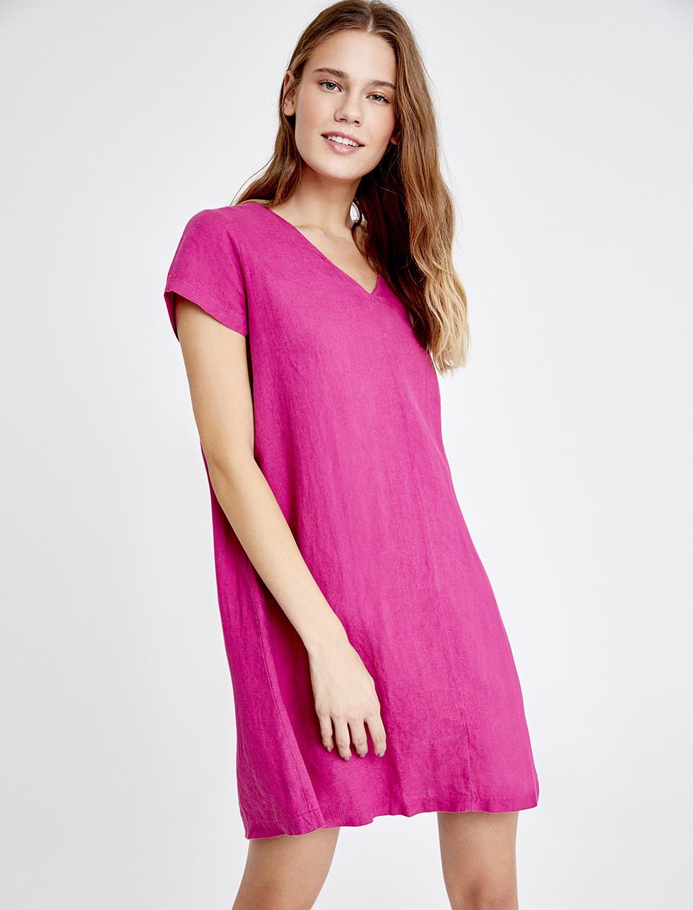 Bayan Pembe V Yaka Kısa Kol Keten Elbise