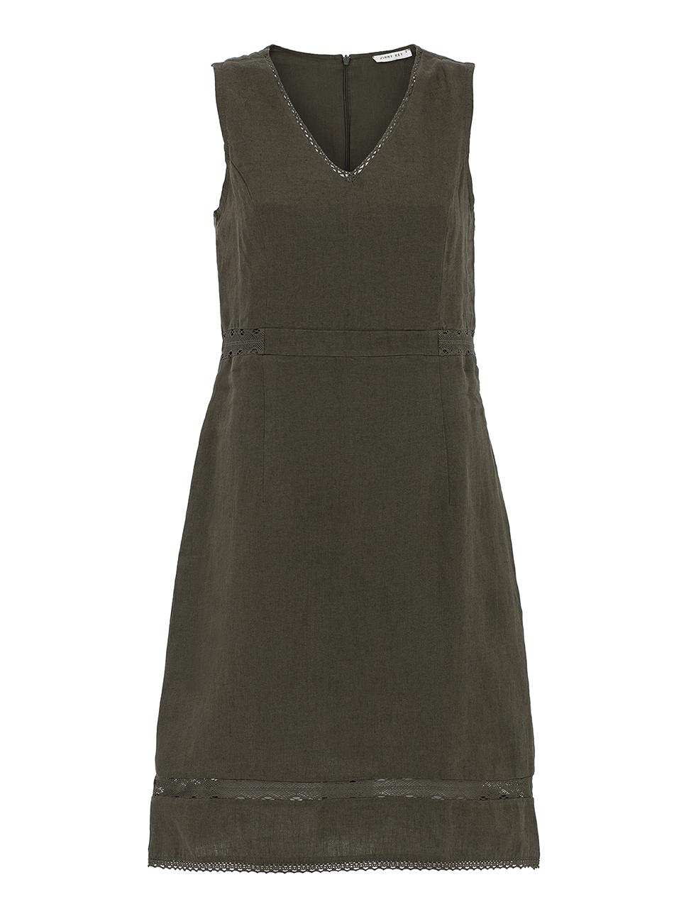 Bayan Haki V Yaka Midi Keten Elbise