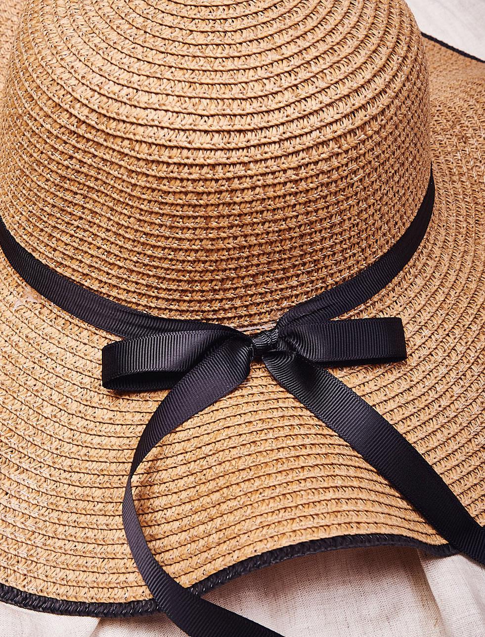 Bayan Haki Siyah Fiyonklu Volanlı Hasır Şapka