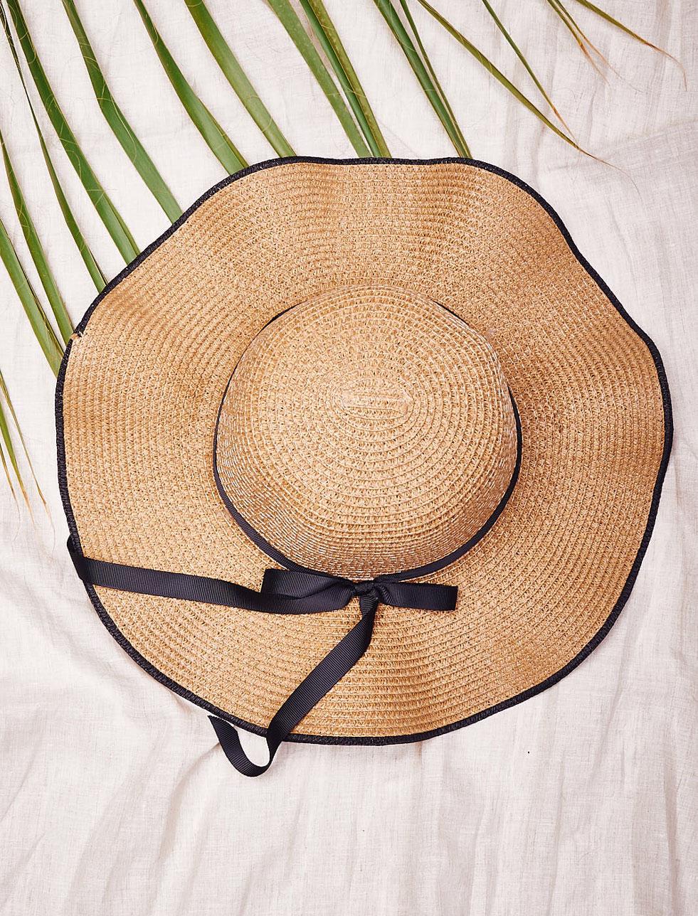 Bayan Haki Siyah Fiyonklu Volanlı Hasır Şapka