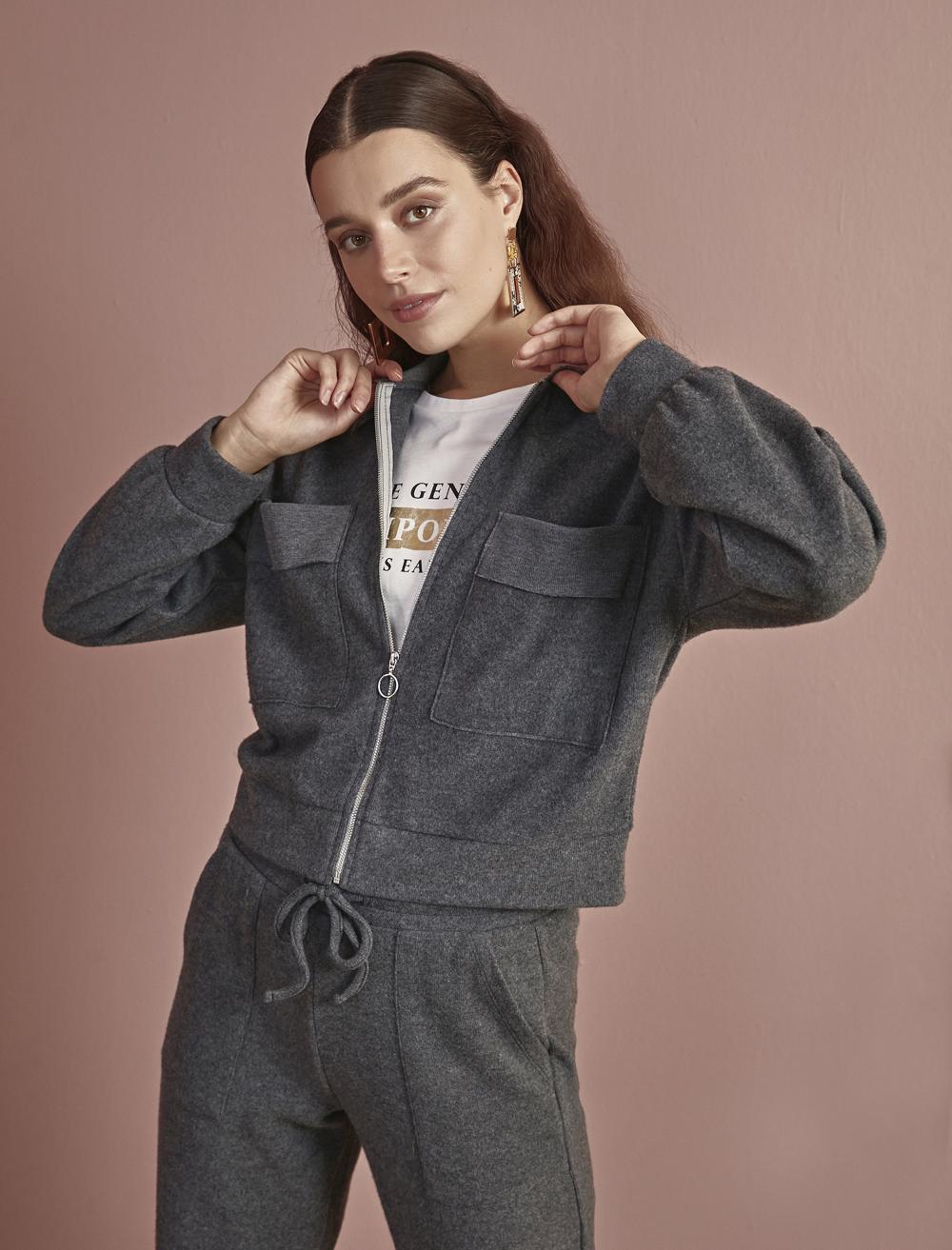 Bayan Antrasit Ceket Görünümlü İri Cepli Fermuarlı Sweatshirt