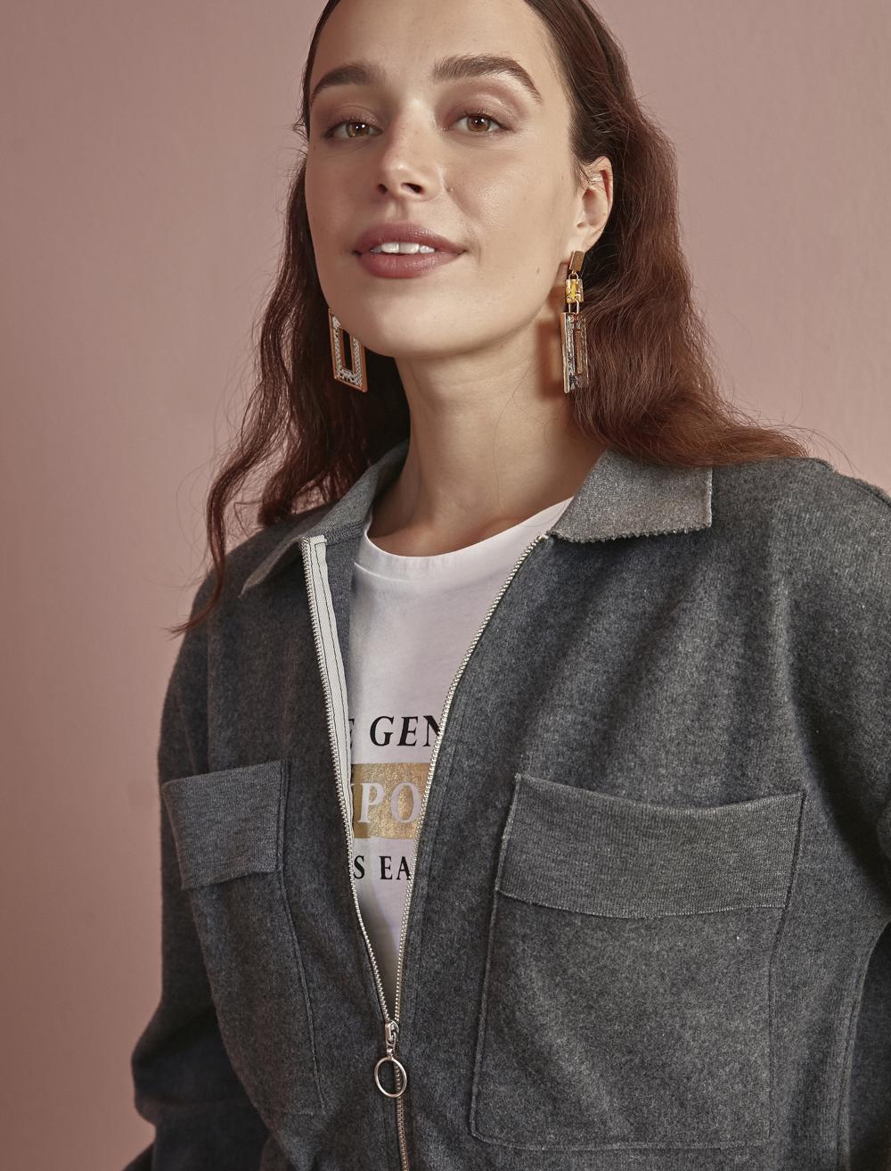 Bayan Antrasit Ceket Görünümlü İri Cepli Fermuarlı Sweatshirt