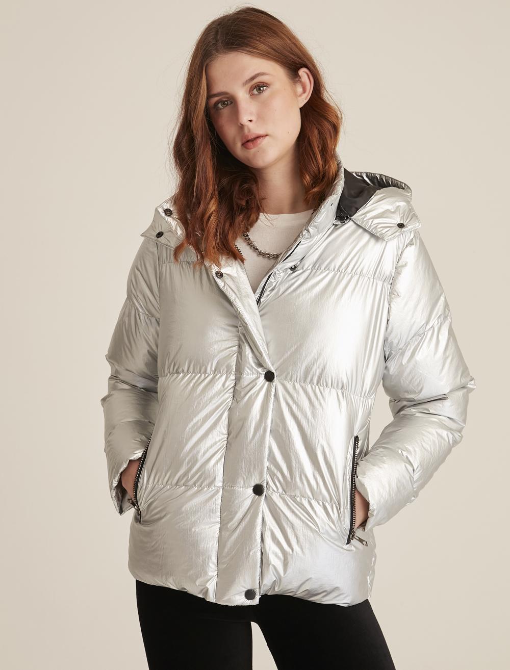 Bayan Gri Kapüşonlu Parlak Puf Mont