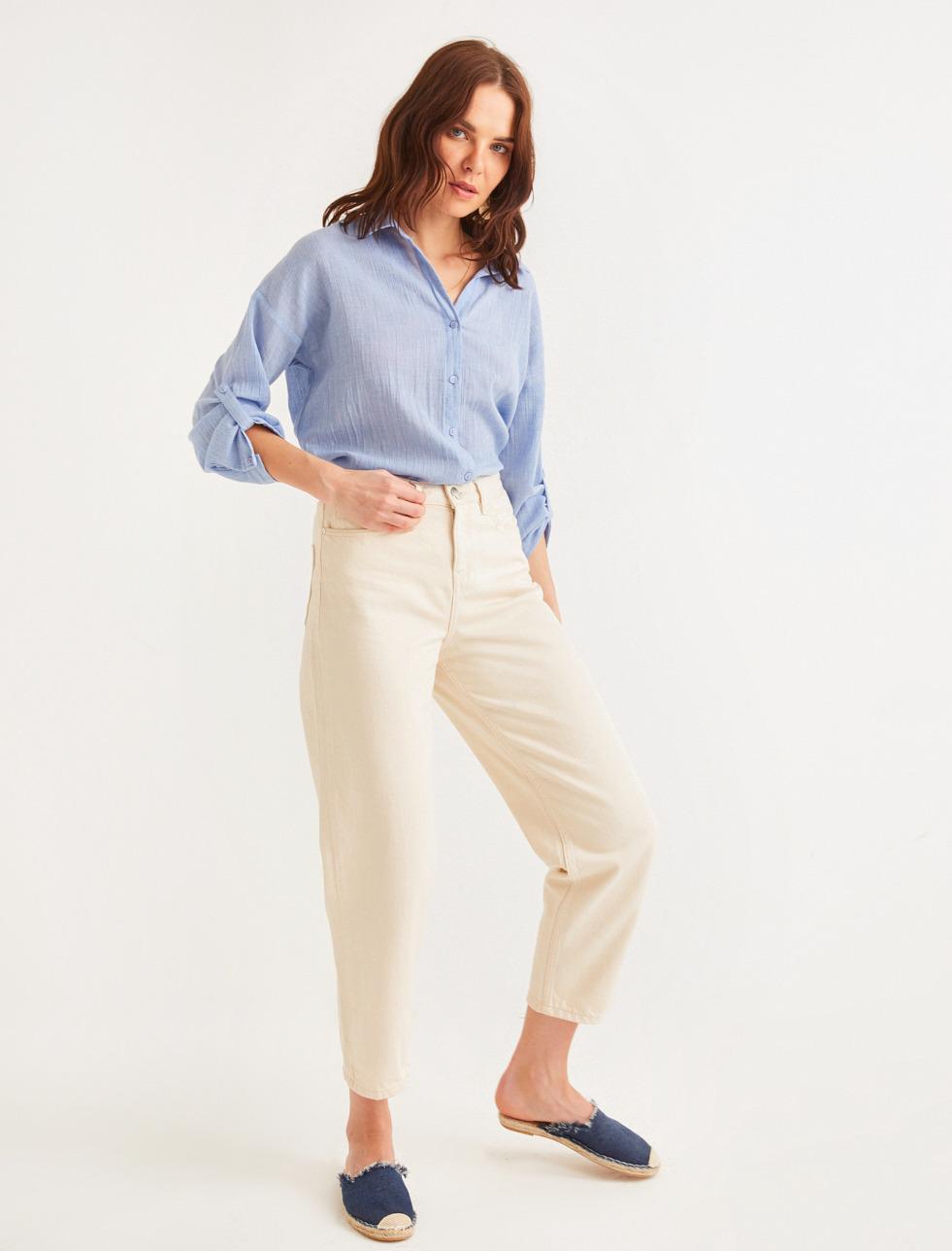 Bayan Ekru Kısa Paça Mom Fit Denim Pantolon