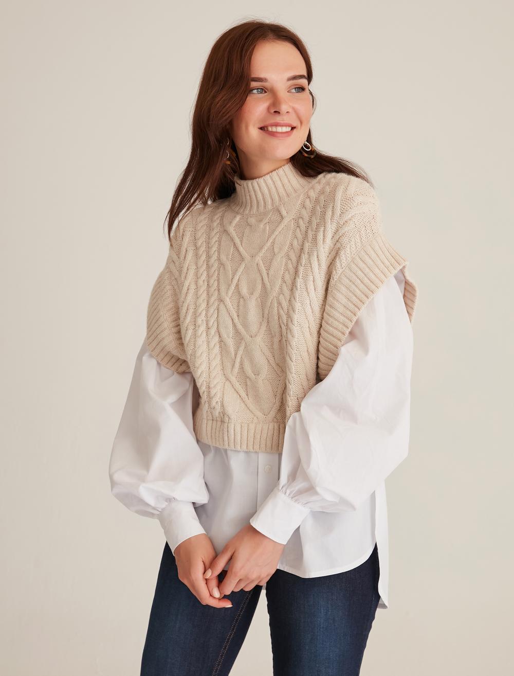 Bayan Ekru Triko ve Gömlek Detaylı Sweatshirt