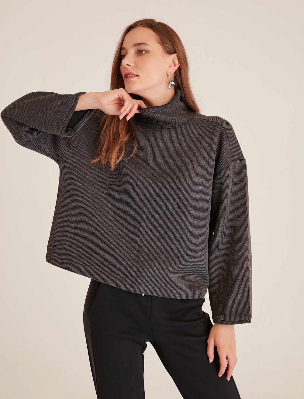 Bayan Antrasit Balıkçı Yaka Rahat Kesim Sweatshirt