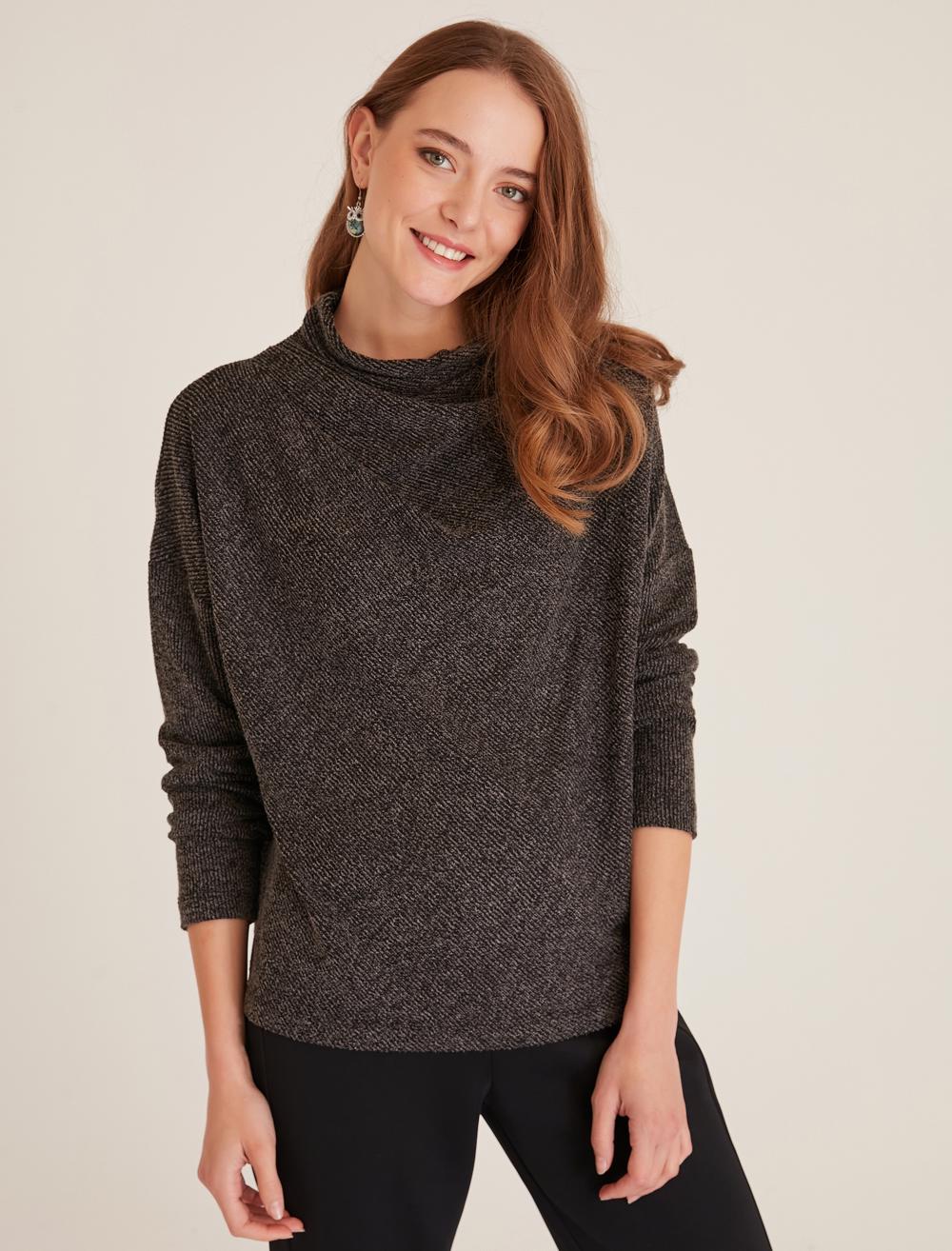 Bayan Antrasit Çapraz Degaje Yaka Sweatshirt