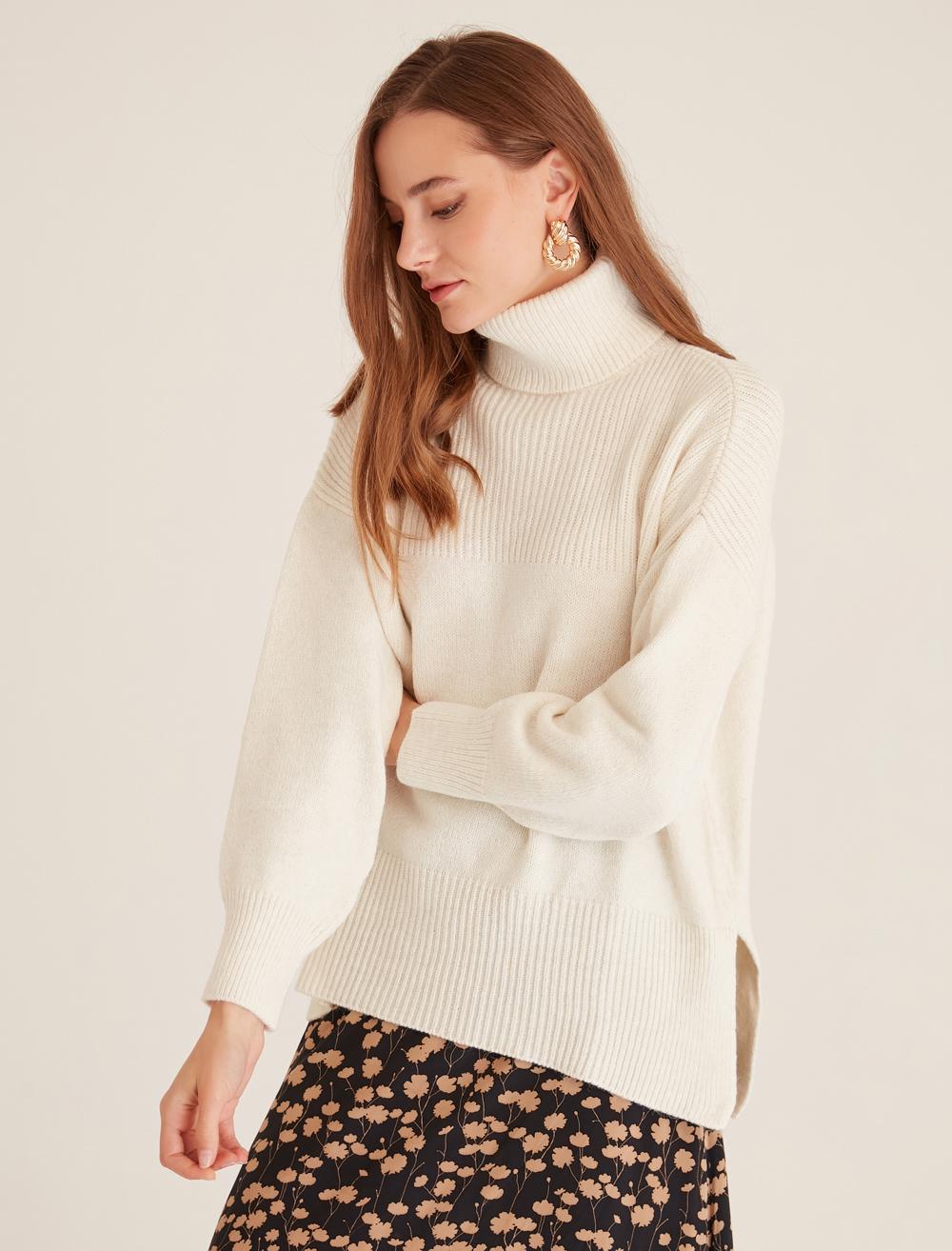 Bayan Ekru Balıkçı Yaka Uzun Triko Kazak