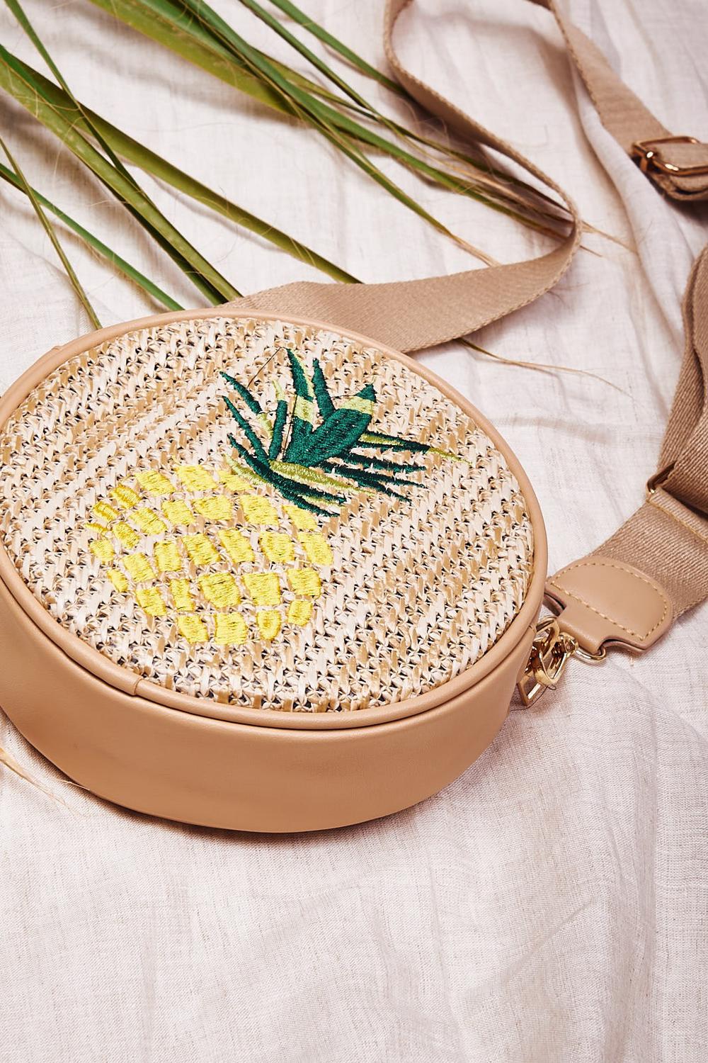 Bayan Ekru Ananas Desenli Yuvarlak Çanta