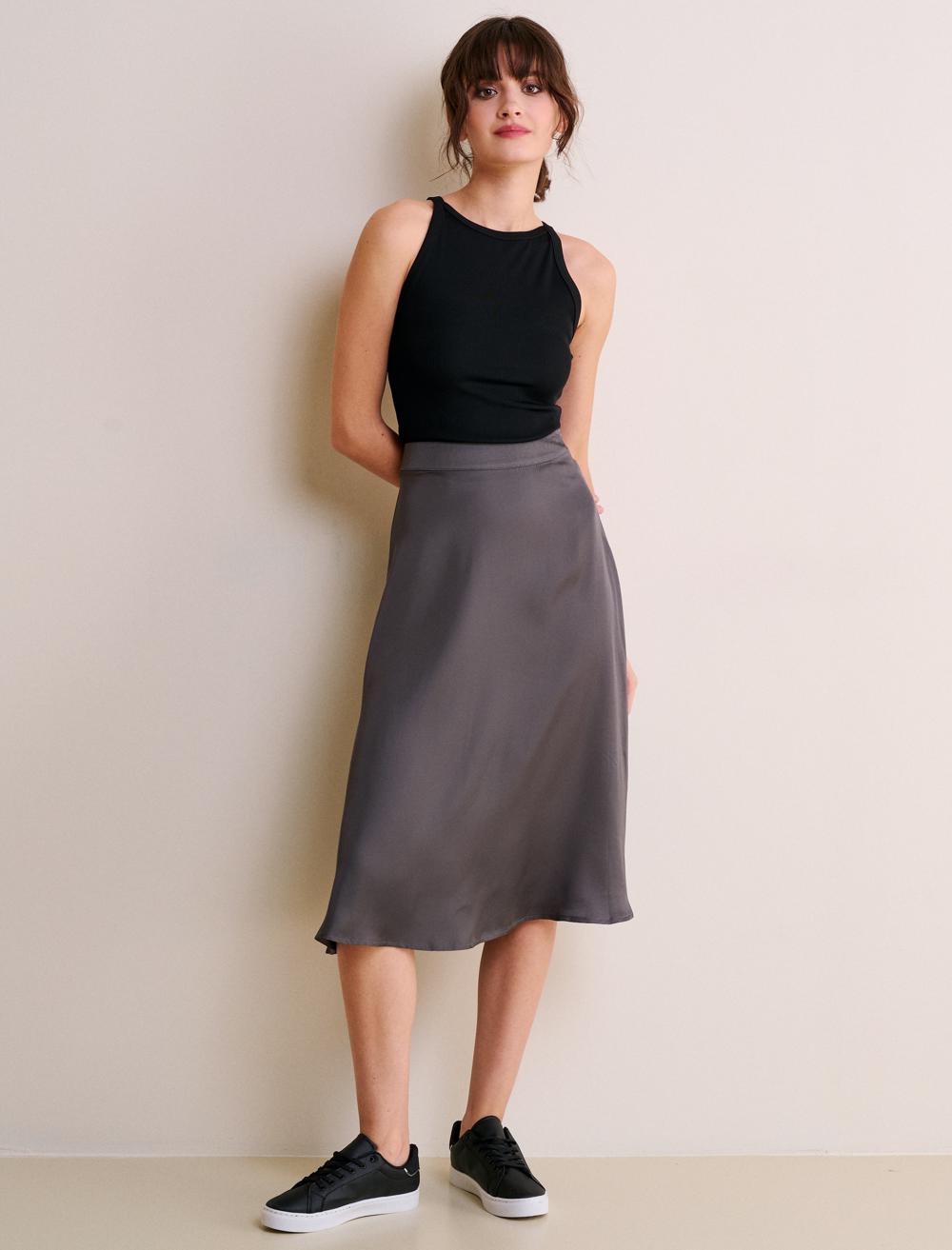 Bayan Antrasit Düz Kesim Yüksek Bel Saten Etek