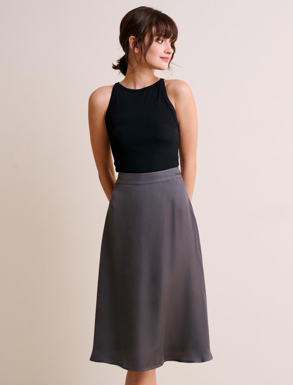 Bayan Antrasit Düz Kesim Yüksek Bel Saten Etek