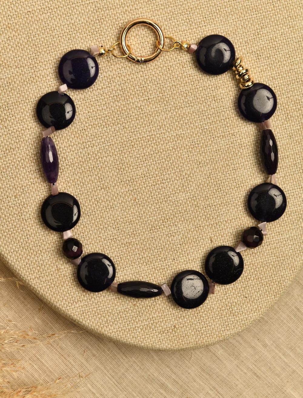 Bayan Mor Büyük Doğal Taşlı Şık Kolye