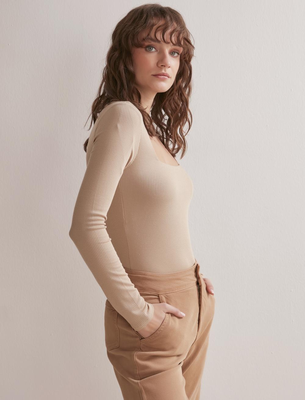 Bayan Vizon Dar Kesim Uzun Kollu Kare Yaka Fitilli T-Shirt