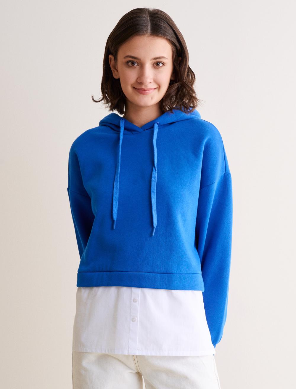 Bayan Mavi Kapüşonlu Gömlek Detaylı Uzun Kollu Sweatshirt