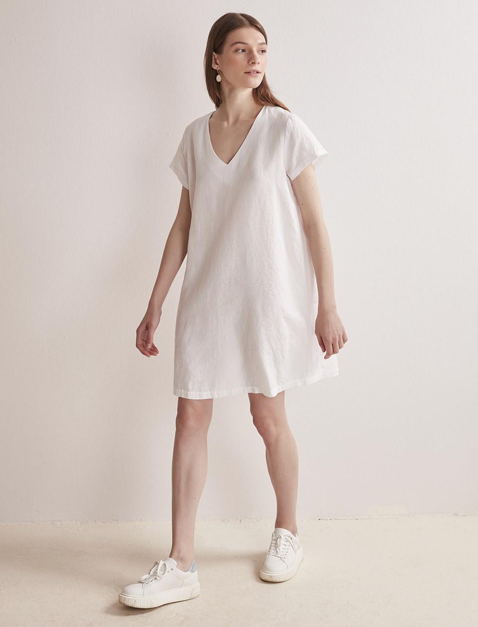 Bayan Beyaz V Yaka Kısa Kollu Mini Keten Elbise