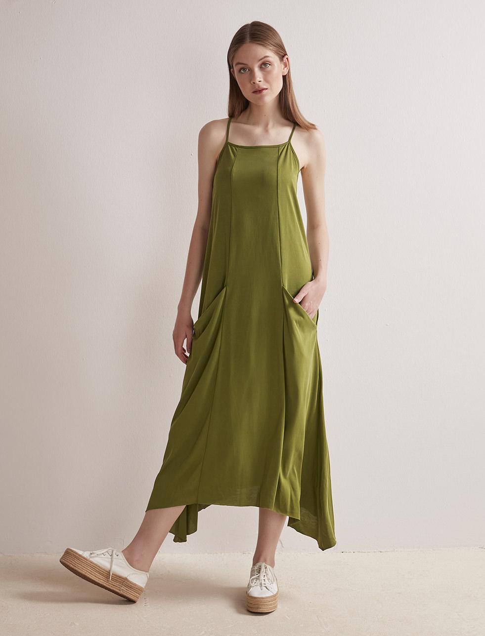 Bayan Yeşil Cep Detaylı Asimetrik Modal Elbise