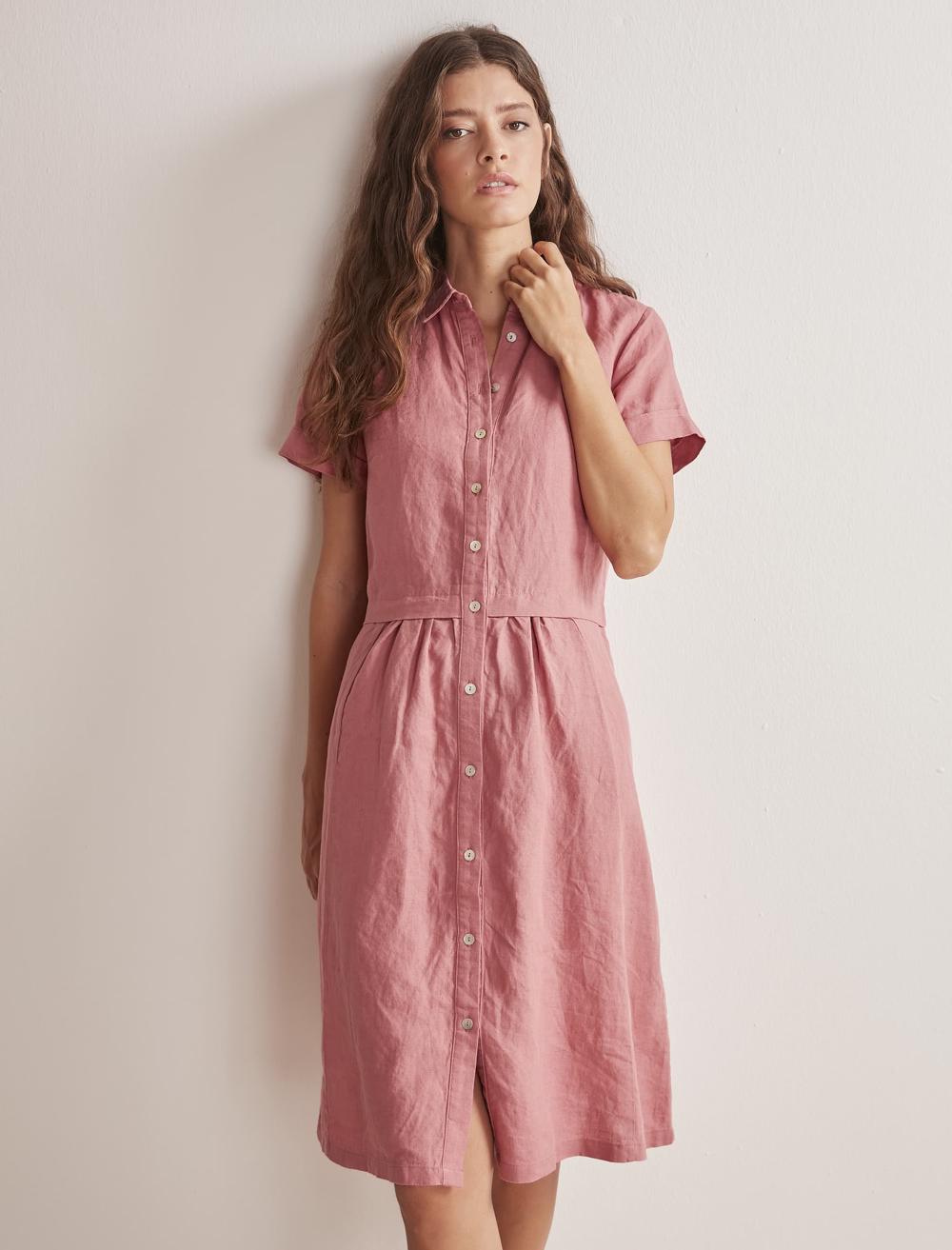 Bayan Pembe Düğmeli Kısa Kollu Midi Boy Keten Elbise