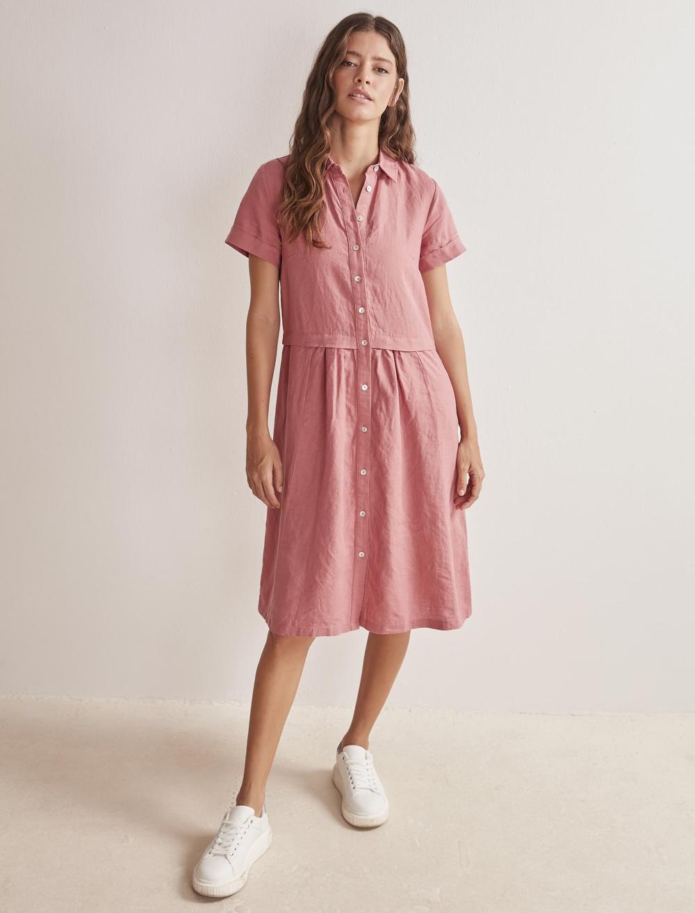 Bayan Pembe Düğmeli Kısa Kollu Midi Boy Keten Elbise
