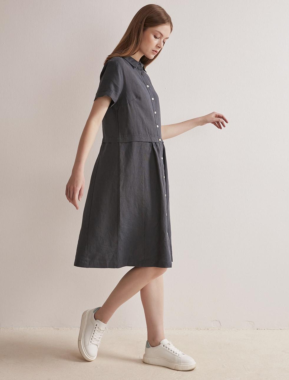 Bayan Antrasit Düğmeli Kısa Kollu Midi Boy Keten Elbise