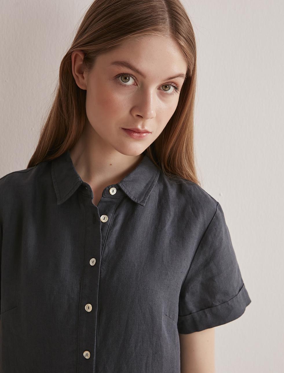 Bayan Antrasit Düğmeli Kısa Kollu Midi Boy Keten Elbise