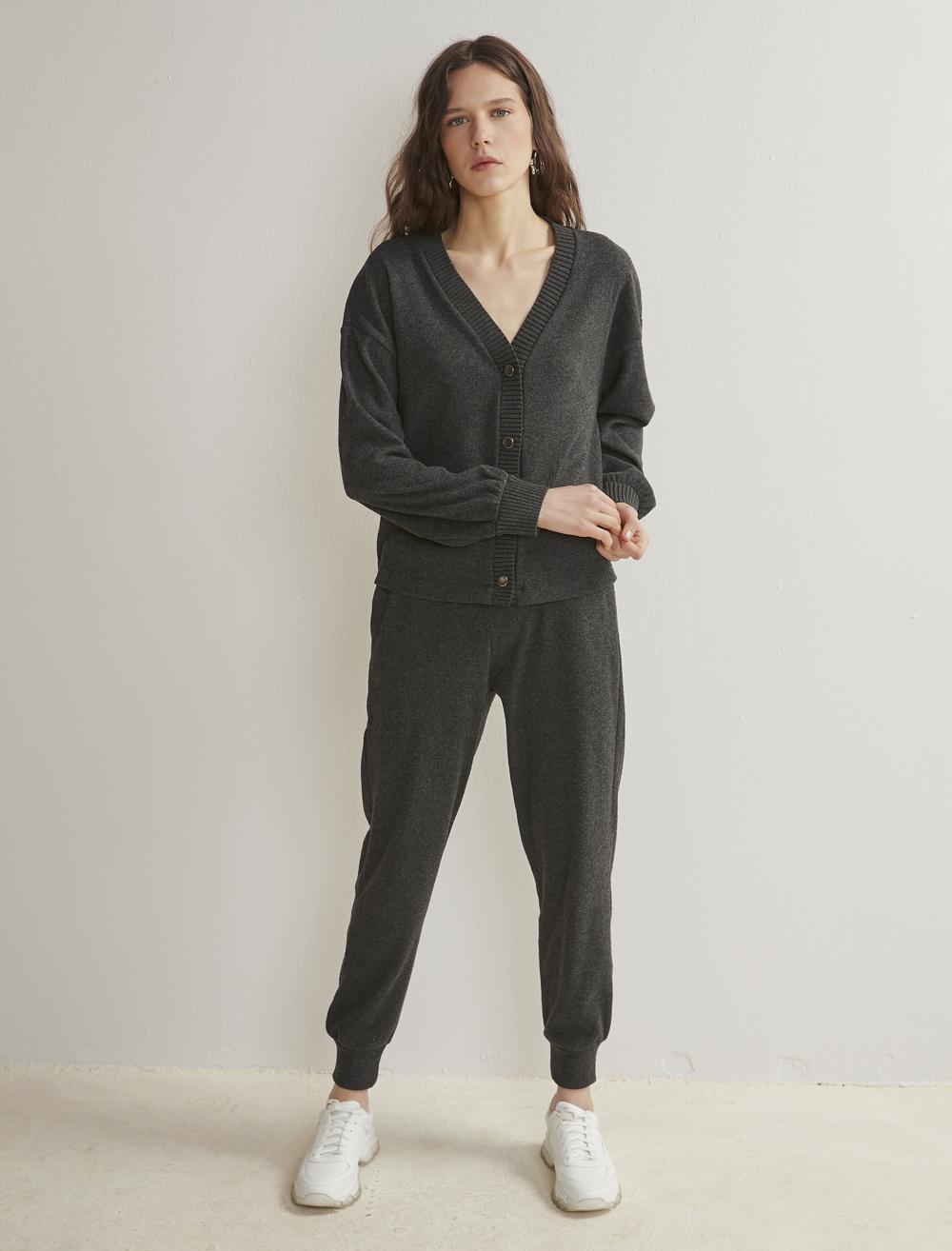 Bayan Antrasit Beli ve Paçası Lastikli Basic Jogger Alt