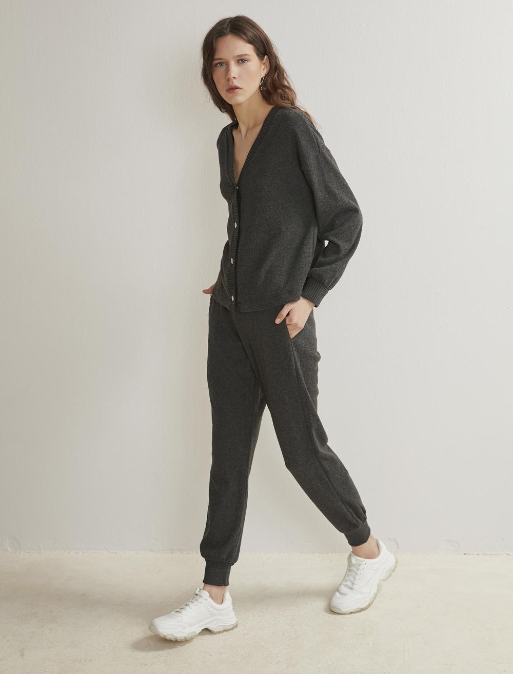 Bayan Antrasit Beli ve Paçası Lastikli Basic Jogger Alt