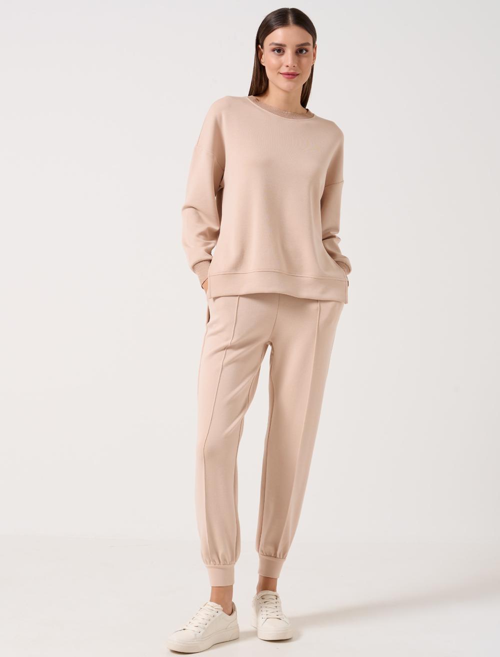 Women Beige High Waist Tie Waist Ribbed Jogger Pants