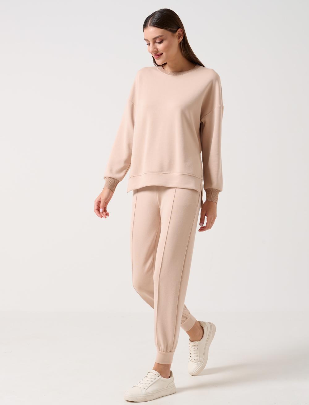 Women Beige High Waist Tie Waist Ribbed Jogger Pants