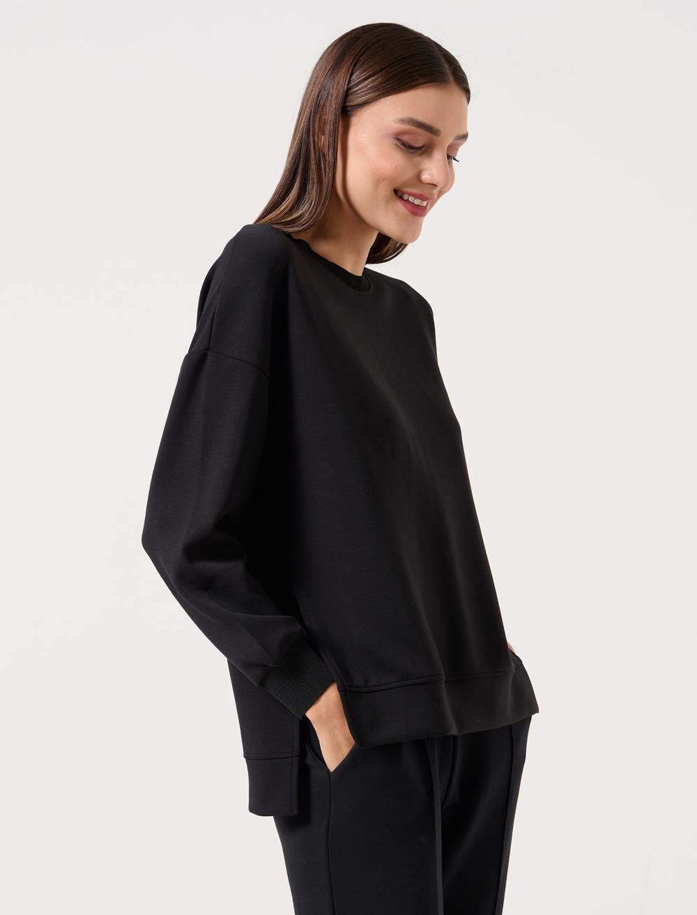 Women Black Loose Fit Crew Neck Long Sleeve Oversized Sweatshirt