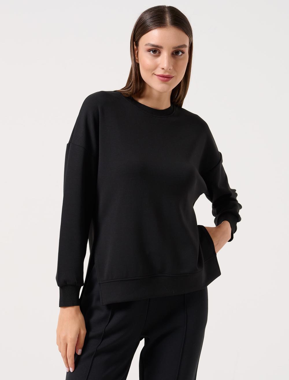 Women Black Loose Fit Crew Neck Long Sleeve Oversized Sweatshirt