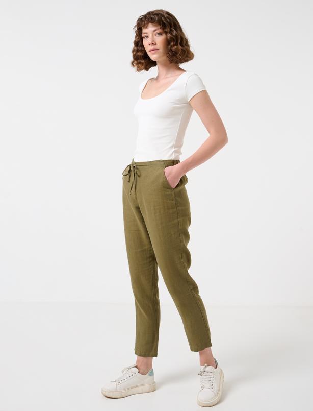 Bayan  %100 Keten Düz Kesim Beli Lastikli Cepli Pantolon