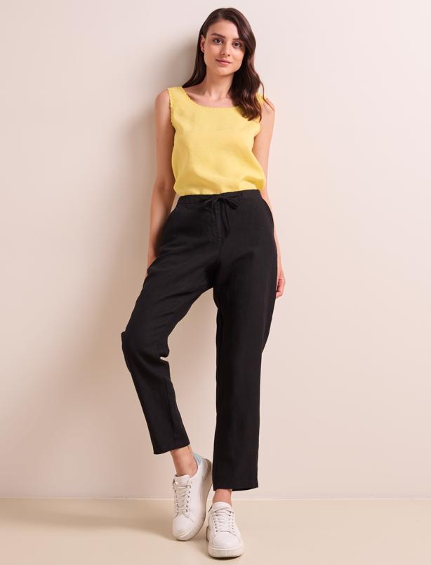 Women  100% Linen Straight Cut Pants with Elastic Waist Pockets