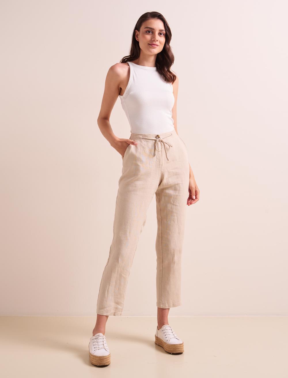 Women Beige 100% Linen Straight Cut Pants with Elastic Waist Pockets