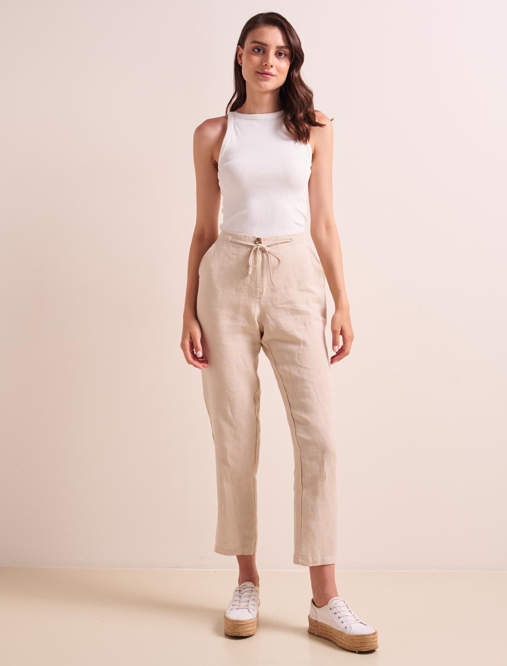 Women Beige 100% Linen Straight Cut Pants with Elastic Waist Pockets