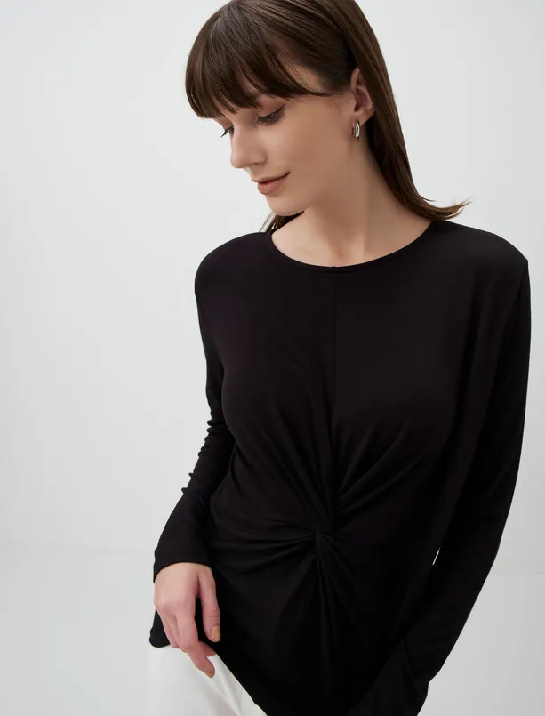 Women Black Long Sleeve Shirred Detailed Blouse
