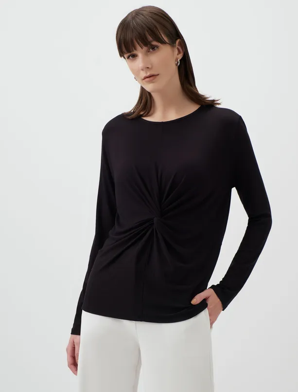 Women Black Long Sleeve Shirred Detailed Blouse
