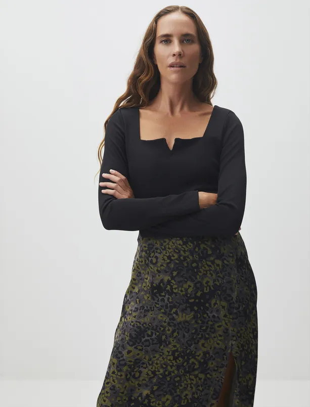 Bayan Siyah Kare Yaka Uzun Kollu Basic Bluz