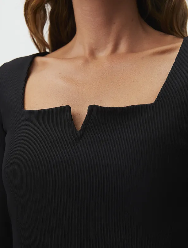 Bayan Siyah Kare Yaka Uzun Kollu Basic Bluz