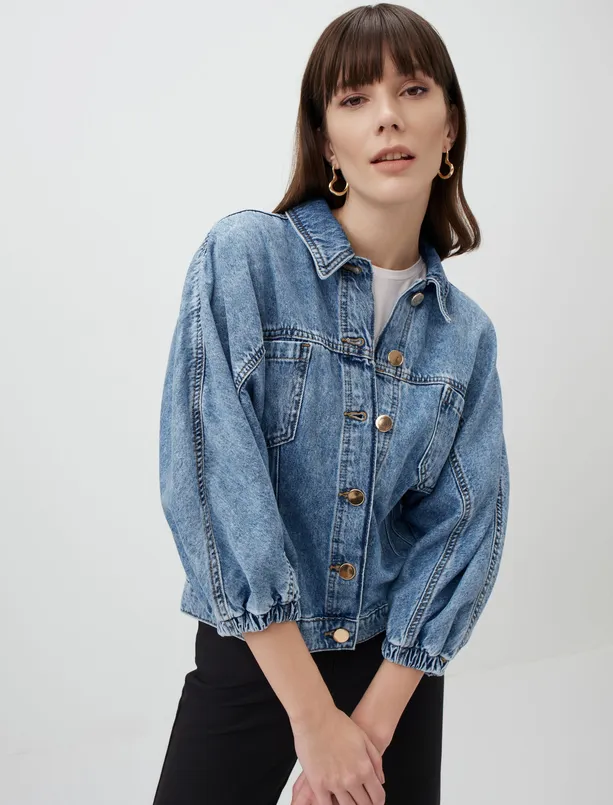 Bayan Mavi Uzun Kollu Denim Crop Ceket