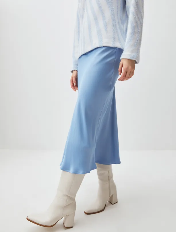 Women Blue Regular Waist Satin Midi Skirt