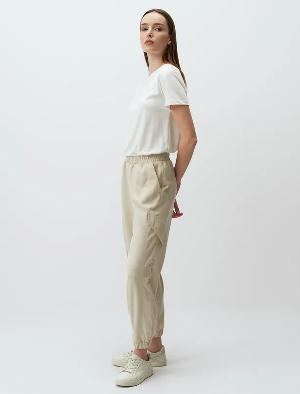 Women Beige High Waist Elasticized Jogger Pants
