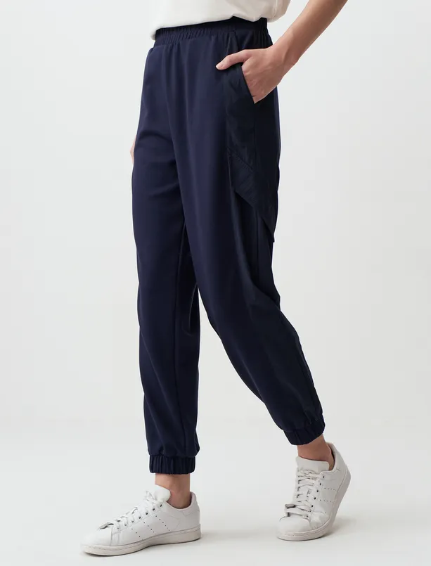 Bayan Lacivert Yüksek Bel Lastikli Paça Jogger Pantolon