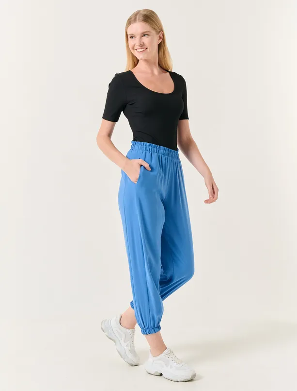 Bayan Mavi Beli Lastikli Dar Paça Rahat Pantolon