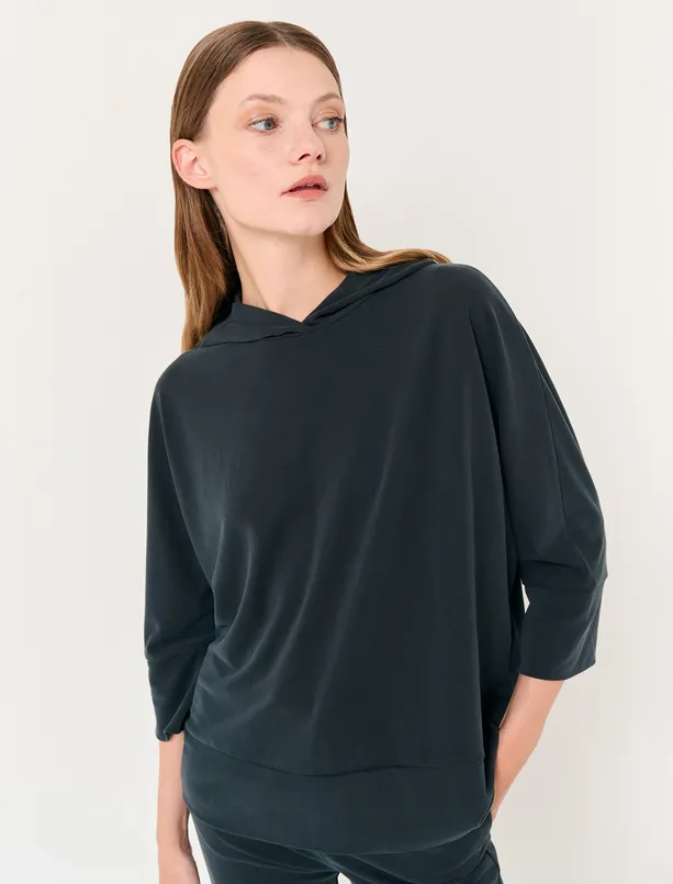 Women Black Loose Fit Trouser Sleeve Hooded Knitted Sweatshirt