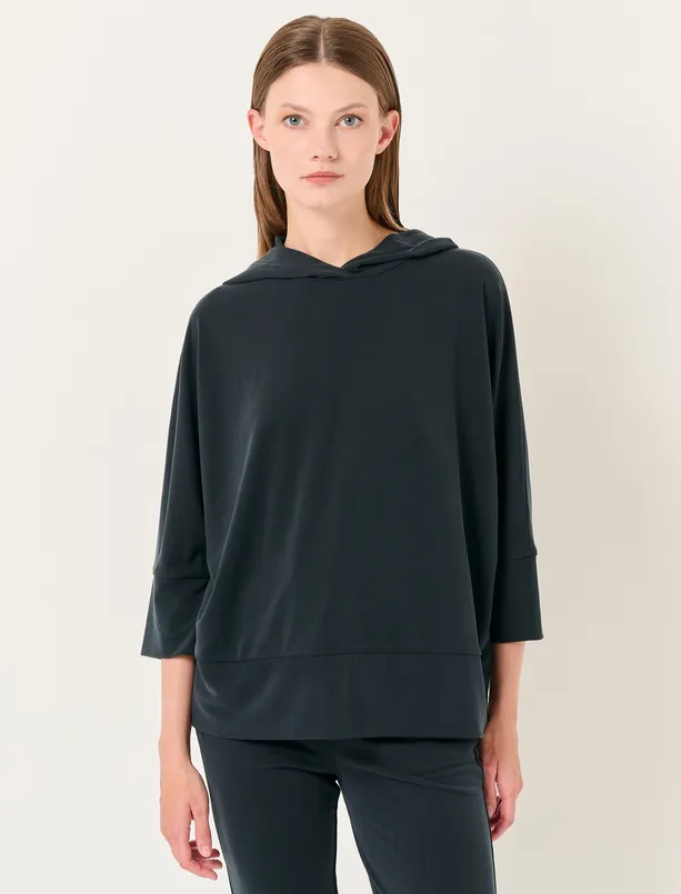 Women Black Loose Fit Trouser Sleeve Hooded Knitted Sweatshirt