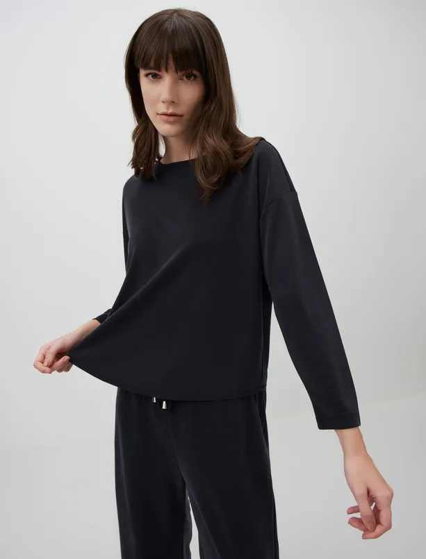 Women Black Crew Neck Long Sleeve Casual Sweatshirt
