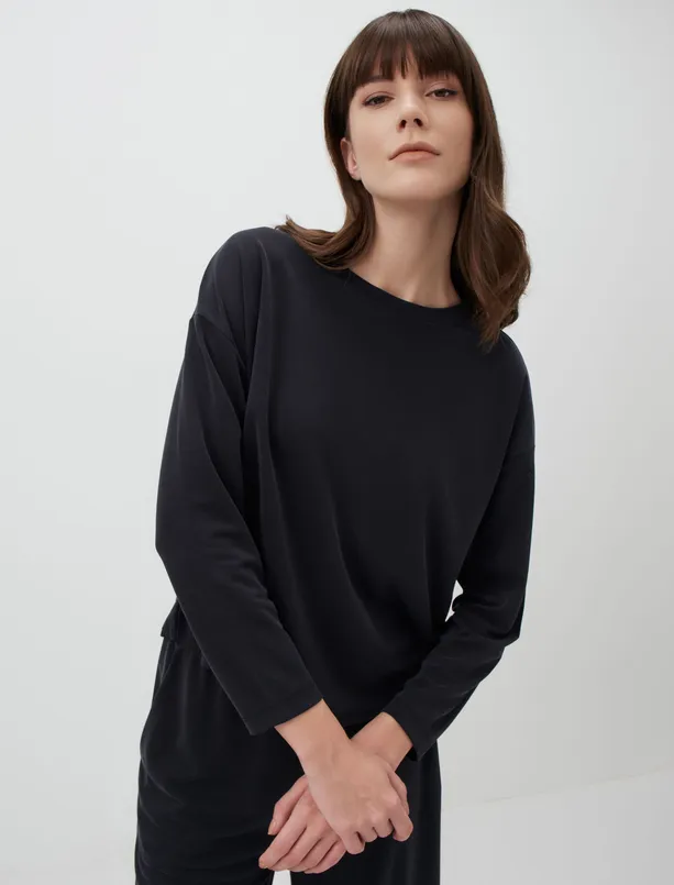 Women Black Crew Neck Long Sleeve Casual Sweatshirt
