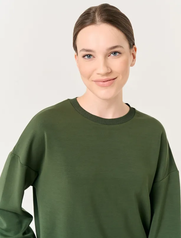 Bayan Haki Uzun Kollu Oversize Bisiklet Yaka Sweatshirt